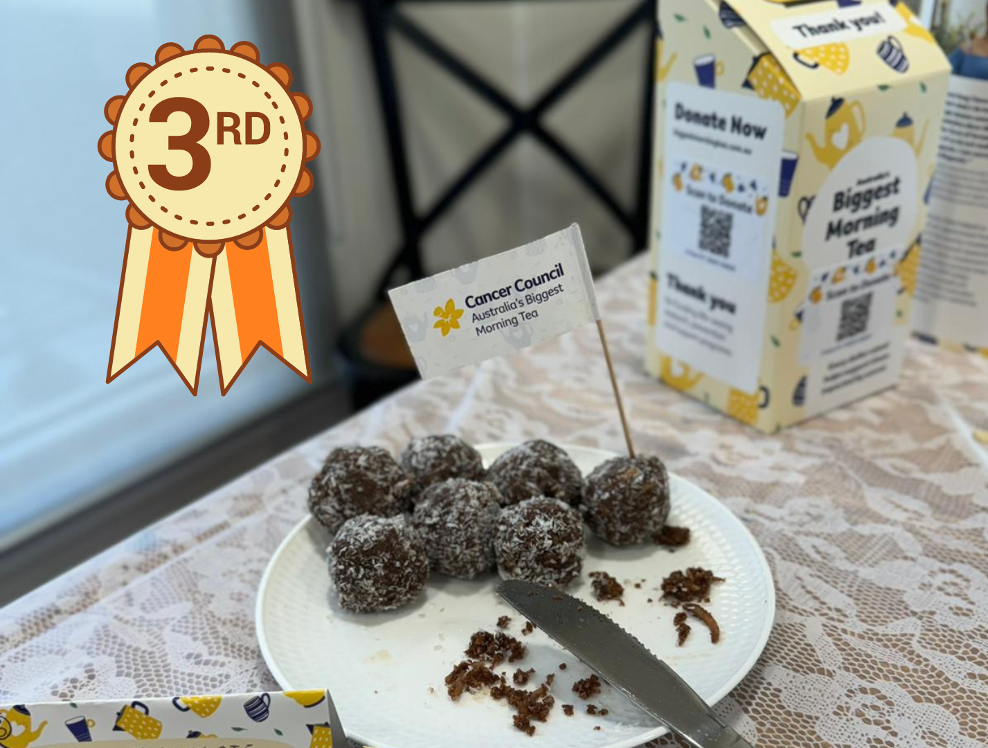 Keto bliss balls with third place ribbon